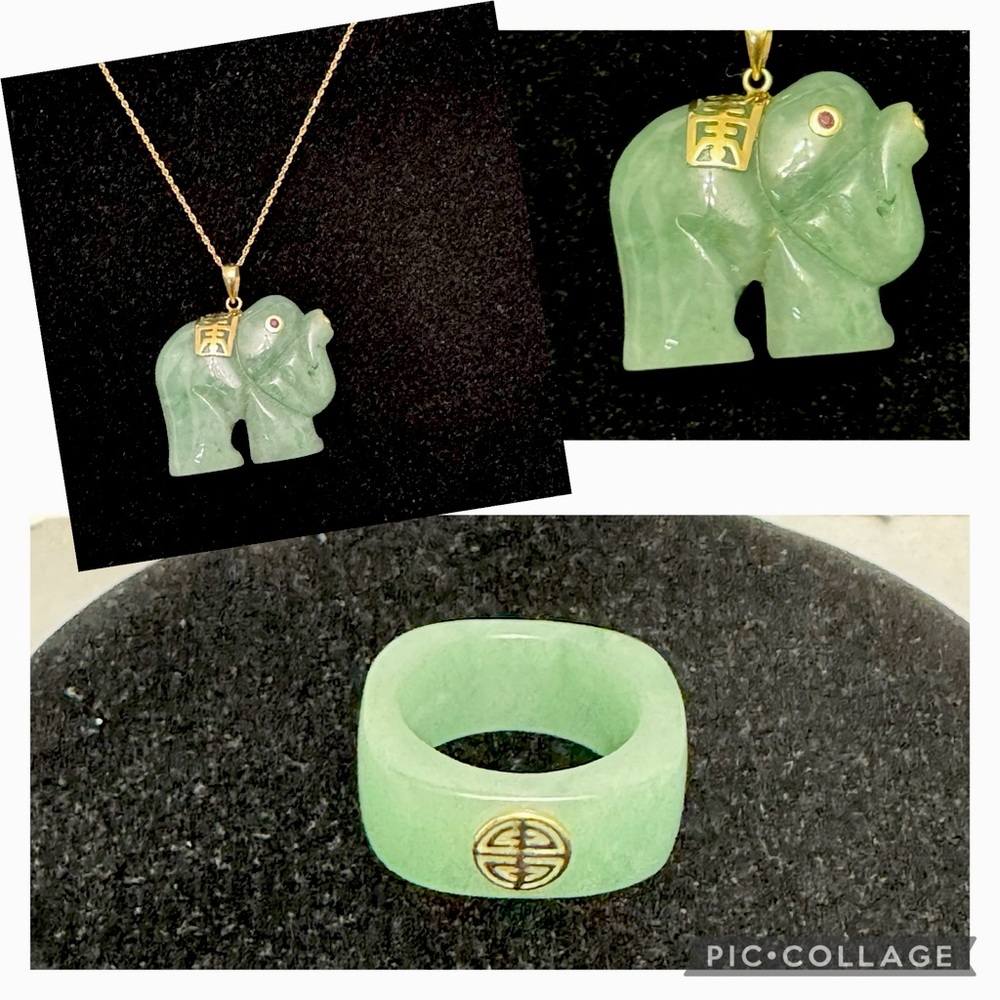 14k Yellow Gold Green Jade Elephant Pendant Necklace & Jade Ring Set